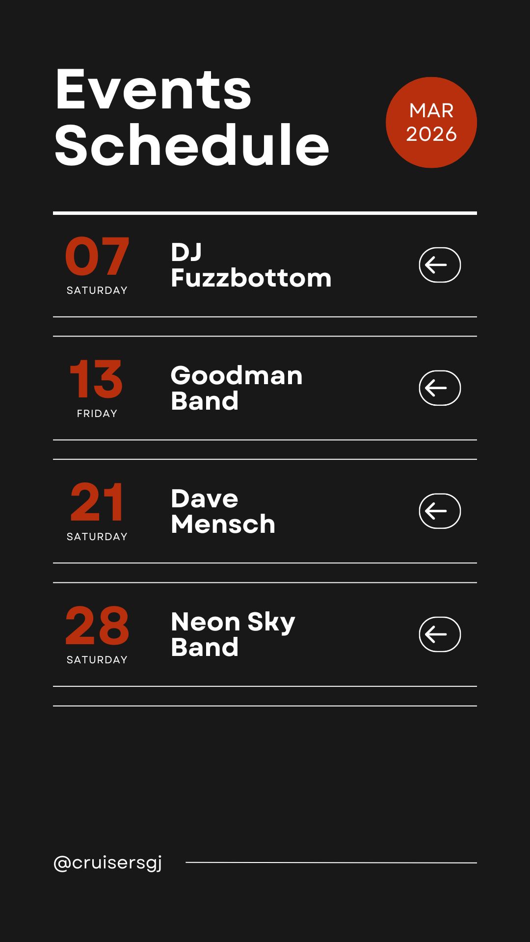 bands playing at Cruisers Horizon drive in March 2026